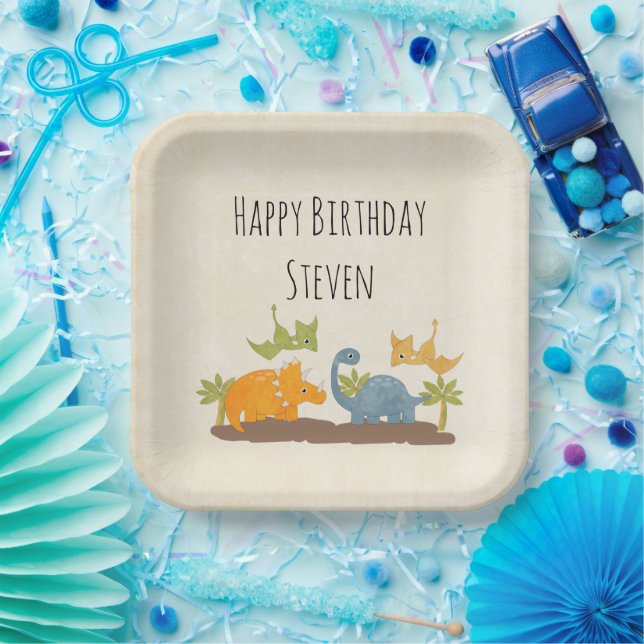 Cute Dinosaurs Prehistoric Wildlife Birthday Paper Plate (Party)