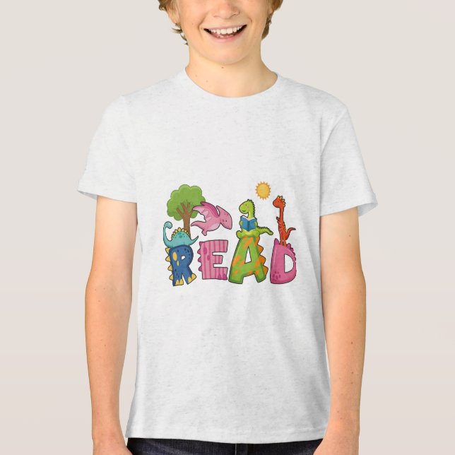Cute Dinosaurs Read Book Elementary Teacher Tri-Blend Shirt (Front)