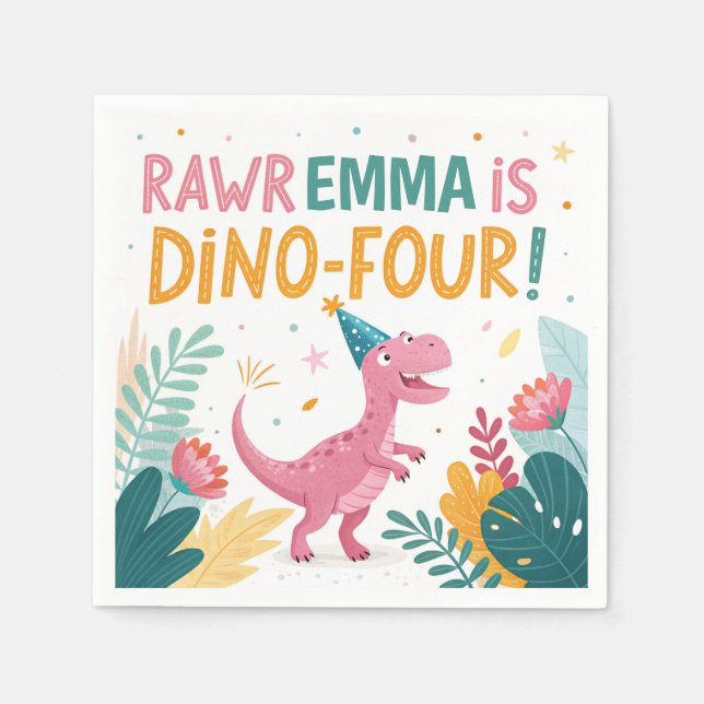 Cute Dinosaurs Roar Girl Birthday Party Napkins (Front)