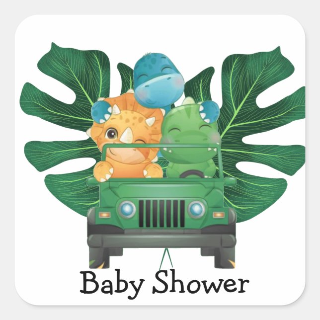 Cute Dinosaurs Safari Vehicle Baby Shower Square Sticker (Front)