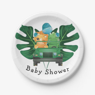Cute Dinosaurs Safari Vehicle Boy Baby Shower Paper Plate