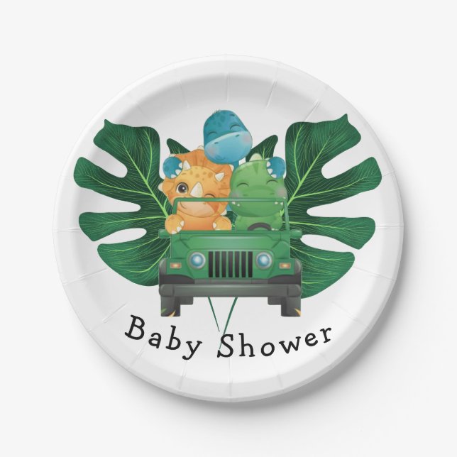 Cute Dinosaurs Safari Vehicle Boy Baby Shower Paper Plate (Front)