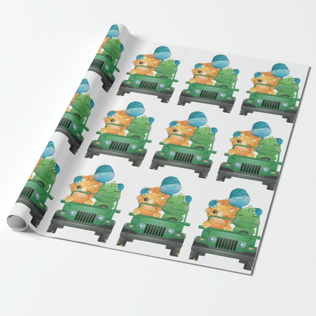 Cute Dinosaurs Safari Vehicle Jungle Baby Shower Wrapping Paper (Unrolled)