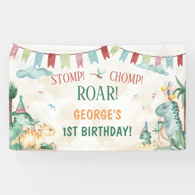 Cute Dinosaurs Stomp Chomp Roar Boy Birthday Banner (Horizontal)