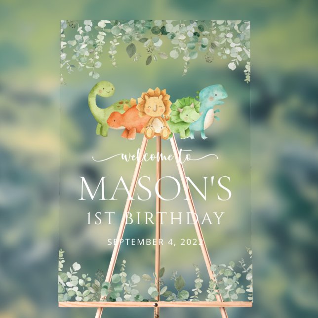 Cute Dinosaurs, T-Rex, Jurassic, Birthday Welcome Acrylic Sign (Neutral)