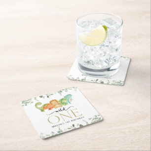 Cute Dinosaurs, T-Rex, Jurassic, First Birthday Square Paper Coaster