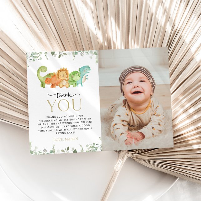 Cute Dinosaurs, T-Rex, Jurassic, First Birthday Thank You Card (Creator Uploaded)