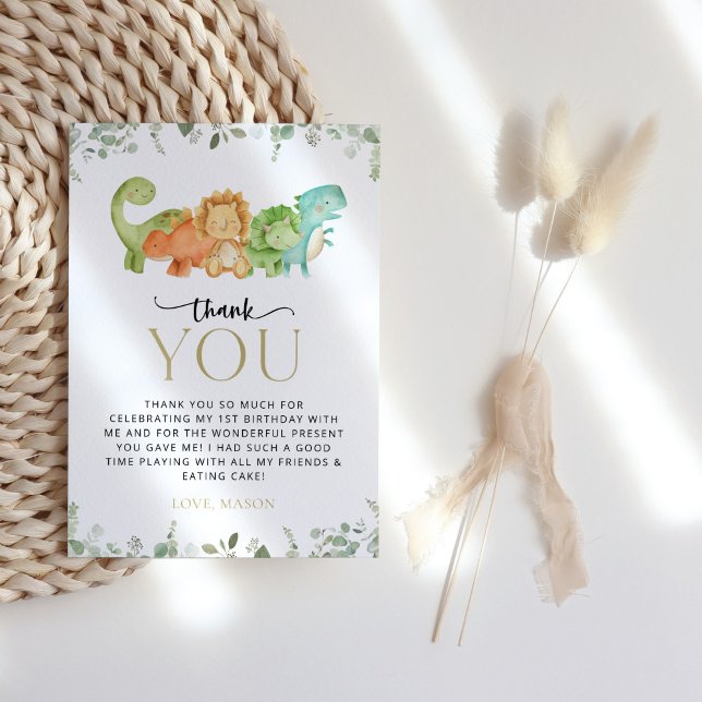 Cute Dinosaurs, T-Rex, Jurassic, First Birthday Thank You Card (Creator Uploaded)