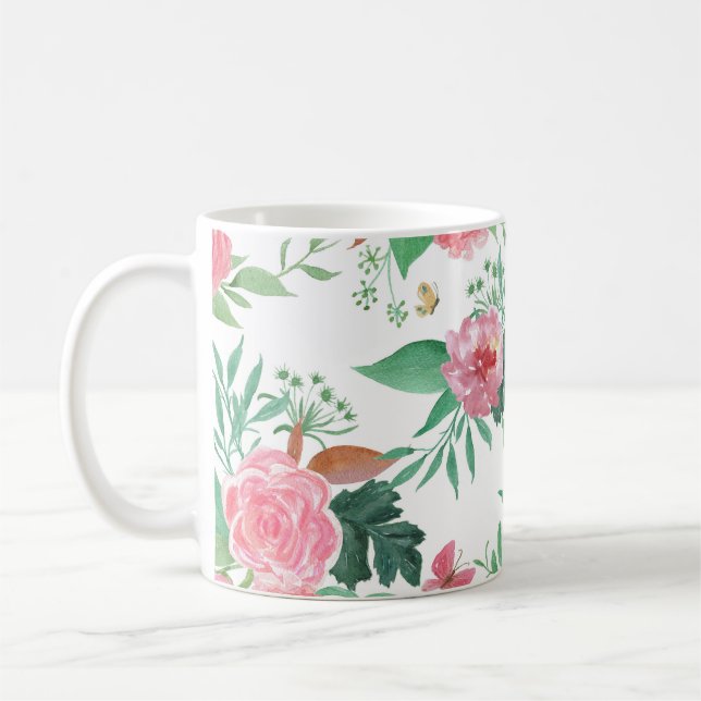 Cute Dinosaurs Vintage Floral Pattern Coffee Mug (Left)