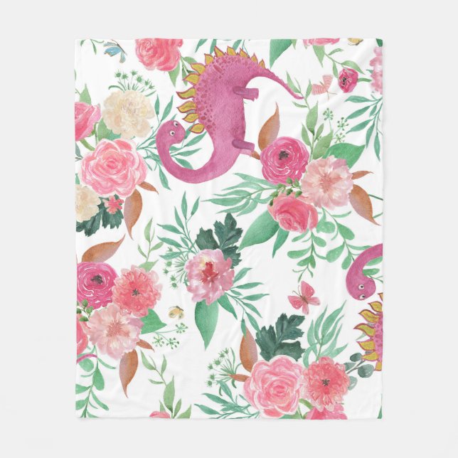 Cute Dinosaurs Vintage Floral Pattern Fleece Blanket (Front)
