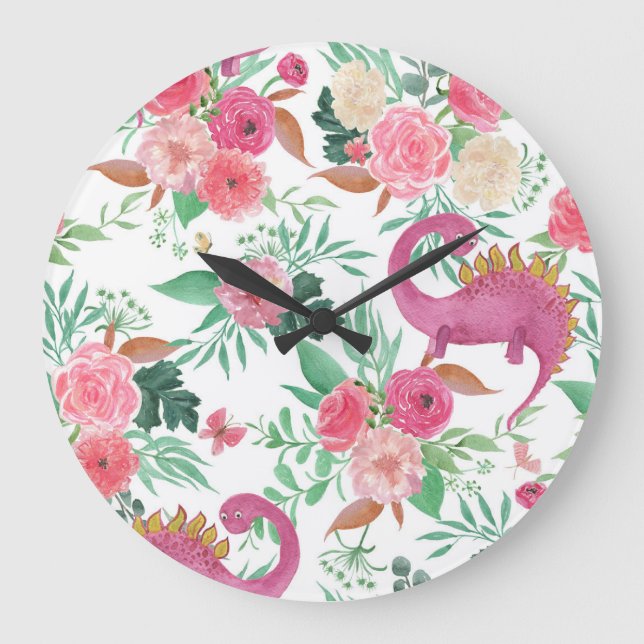 Cute Dinosaurs Vintage Floral Pattern Large Clock (Front)
