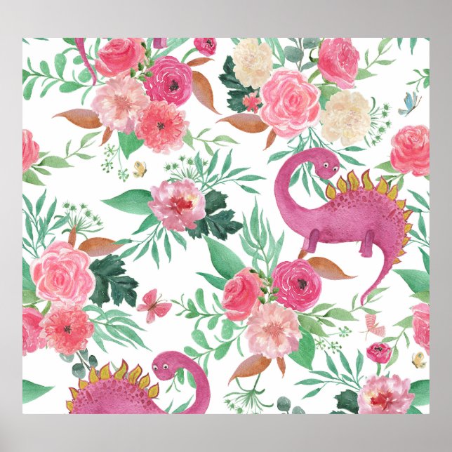 Cute Dinosaurs Vintage Floral Pattern Poster (Front)