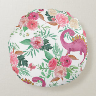 Cute Dinosaurs Vintage Floral Pattern Round Cushion