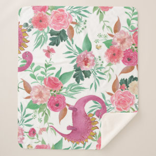 Cute Dinosaurs Vintage Floral Pattern Sherpa Blanket