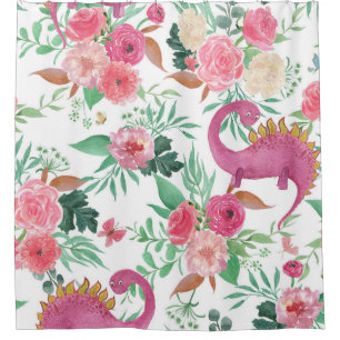 Cute Dinosaurs Vintage Floral Pattern Shower Curtain