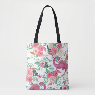Cute Dinosaurs Vintage Floral Pattern Tote Bag