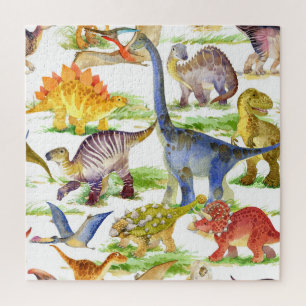 Cute Dinosaurs Watercolor Seamless Art Jigsaw Puzzle