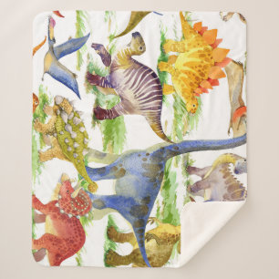 Cute Dinosaurs Watercolor Seamless Art Sherpa Blanket