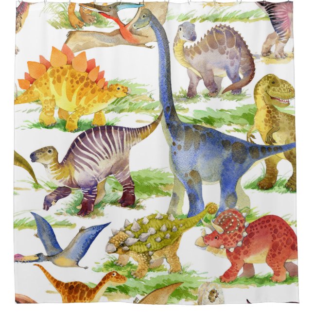 Cute Dinosaurs Watercolor Seamless Art Shower Curtain (Front)