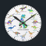 Cute Dinosaurs with names colourful Personalised  Round Clock<br><div class="desc">Add your child’s name to this fun 12 Dinosaurs in colourful psychedelic bright colours with their dino names. The perfect educational design for the child who loves dinosaurs. This fun palaeontology pattern includes all the prehistoric jurassic era favourites including T. rex or tyrannosaurus, velociraptors, brachiosaurus, brontosaurus, stegosaurus, the flying pterodactyl,...</div>