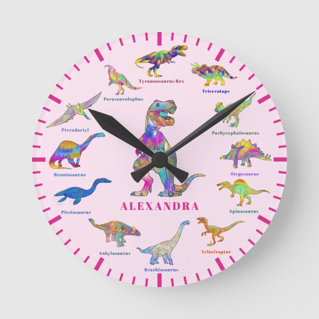 Cute Dinosaurs with names pink Round Clock (Front)
