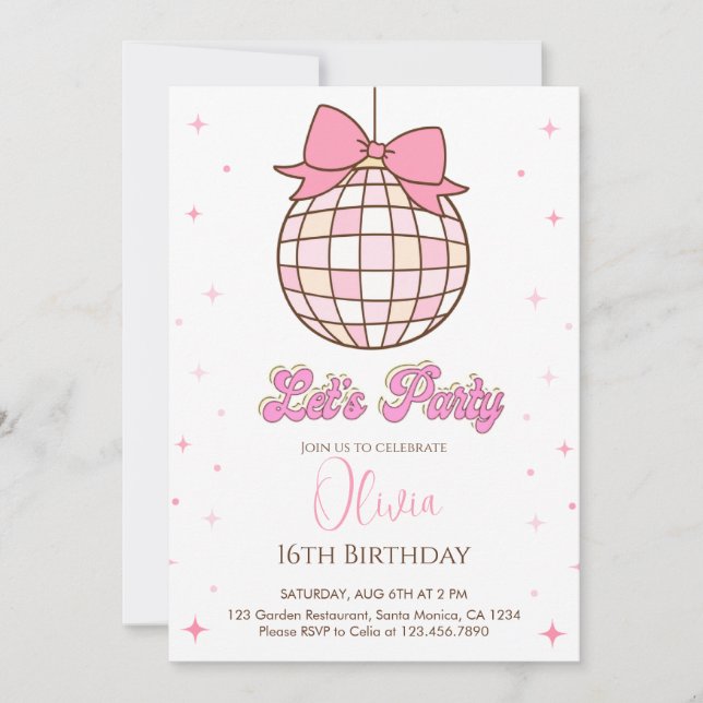Cute Disco Ball | pink bow Birthday Party Invitation (Front)