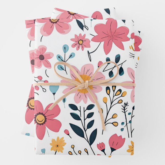 Cute Ditsy Spring Flower Wrapping Paper Sheet (In situ)