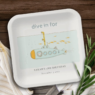 Cute Dive In Underwater Submarine Any Age Birthday Paper Plate