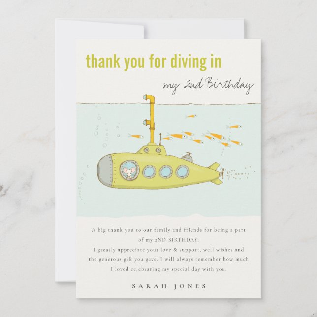 Cute Dive In Underwater Submarine Any Age Birthday Thank You Card (Front)