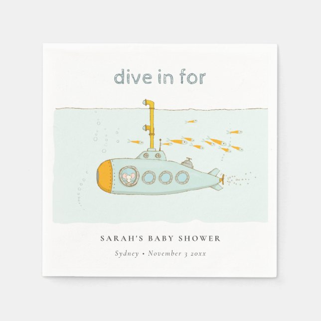 Cute Dive In Underwater Submarine Baby Shower Napkin (Front)