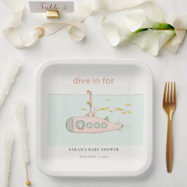 Cute Dive In Underwater Submarine Baby Shower Paper Plate (Wedding)