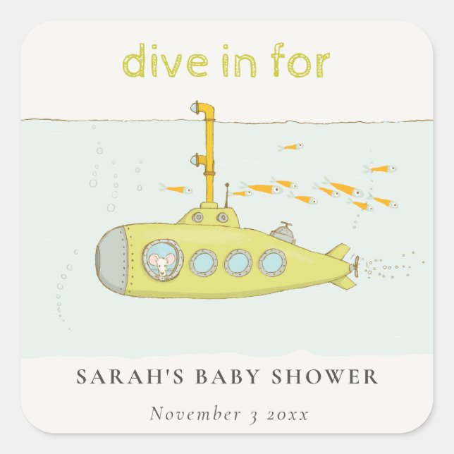 Cute Dive In Underwater Submarine Baby Shower Square Sticker (Front)