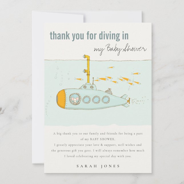 Cute Dive In Underwater Submarine Baby Shower Thank You Card (Front)