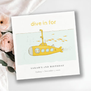 Cute Dive In Underwater Submarine Yellow Birthday Napkin
