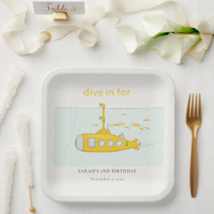 Cute Dive In Underwater Submarine Yellow Birthday Paper Plate