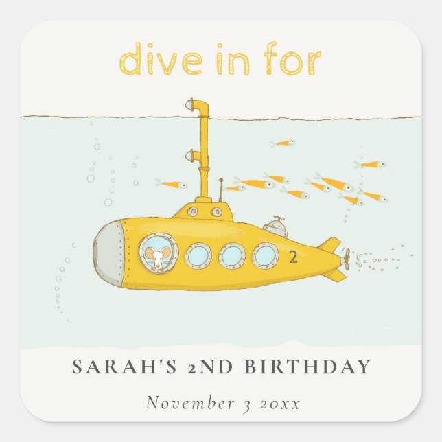 Cute Dive In Underwater Submarine Yellow Birthday Square Sticker (Front)