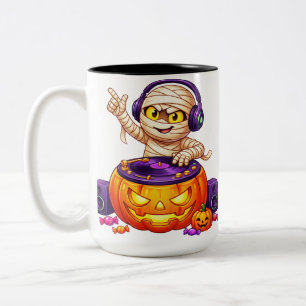 Cute DJ Mummy Pumpkin Turntable Halloween Two-Tone Coffee Mug