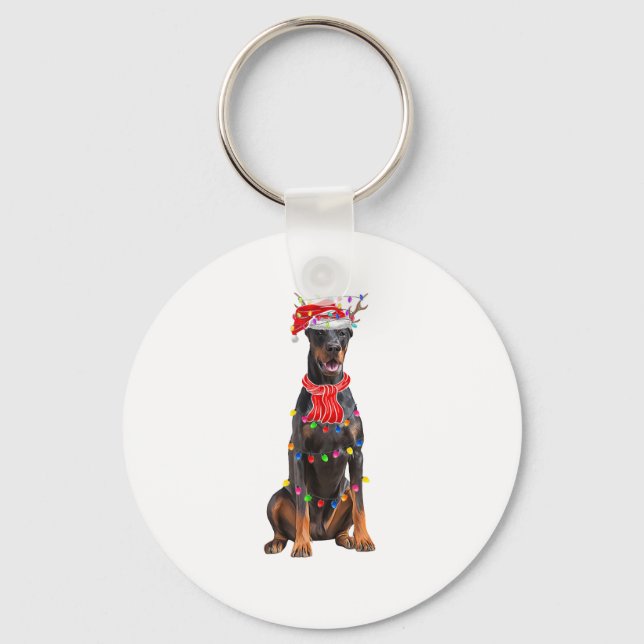 Cute Doberman Christmas Tree Lights Dog Lover  Key Ring (Front)