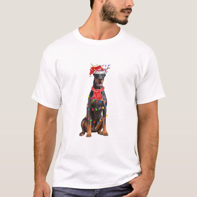 Cute Doberman Christmas Tree Lights Dog Lover  T-Shirt (Front)