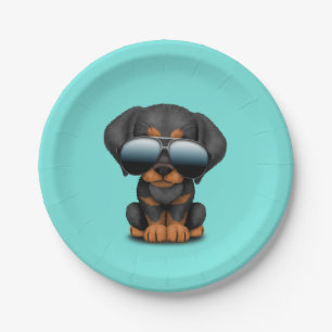 Cute Doberman Puppy Dog Wearing Sunglasses Paper Plate