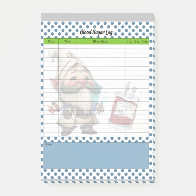 Cute Doctor Gnome Blood Sugar Log Post-it Notes (Front)