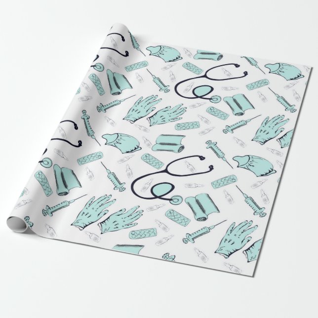 Cute Doctor Nurse Medical Pattern Wrapping Paper (Unrolled)