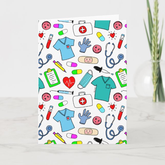Cute Doctor Nurse Medical Supplies Pattern Card (Front)