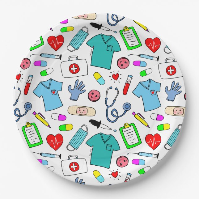 Cute Doctor Nurse Medical Supplies Pattern Paper Plate (Front)