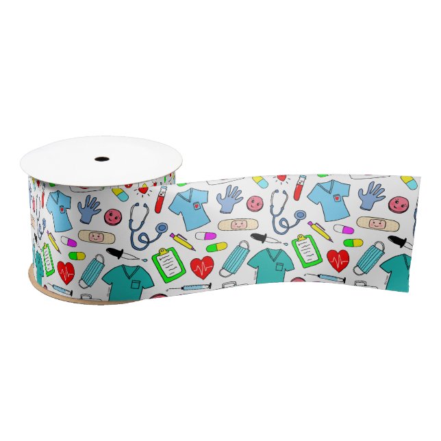 Cute Doctor Nurse Medical Supplies Pattern Satin Ribbon (Spool)