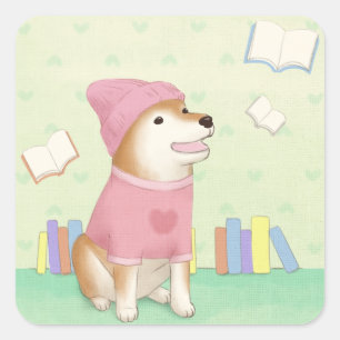 Cute Dog and Books Illustration Art Square Sticker