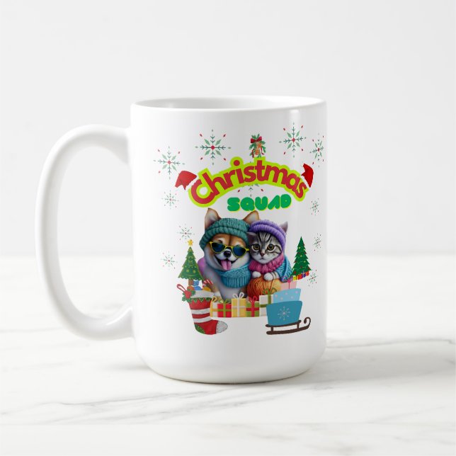 Cute dog and cat Christmas squad design  Coffee Mug (Left)