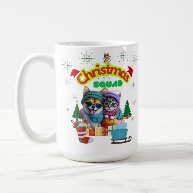 Cute dog and cat Christmas squad design  Coffee Mug (Left)