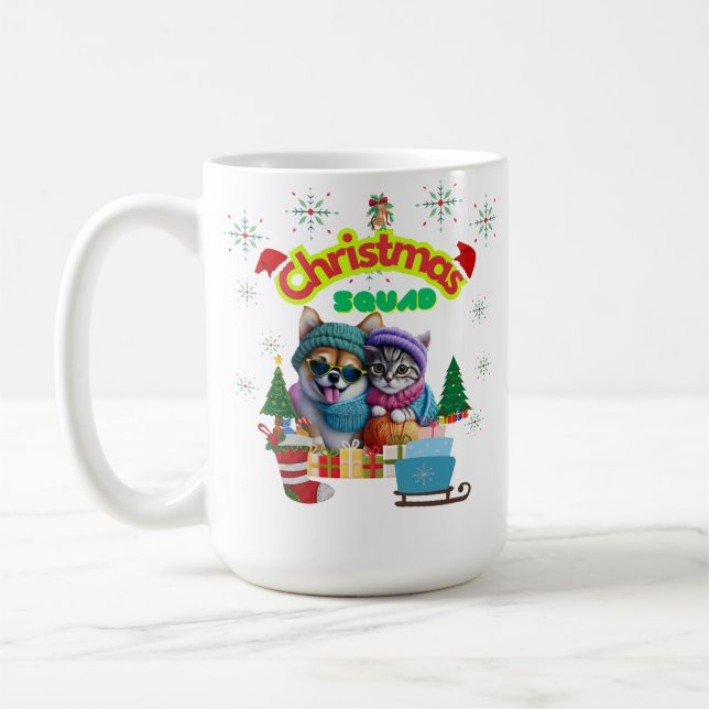 Cute dog and cat Christmas squad design  Coffee Mug (Left)