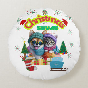 Cute dog and cat Christmas squad design  Round Cushion